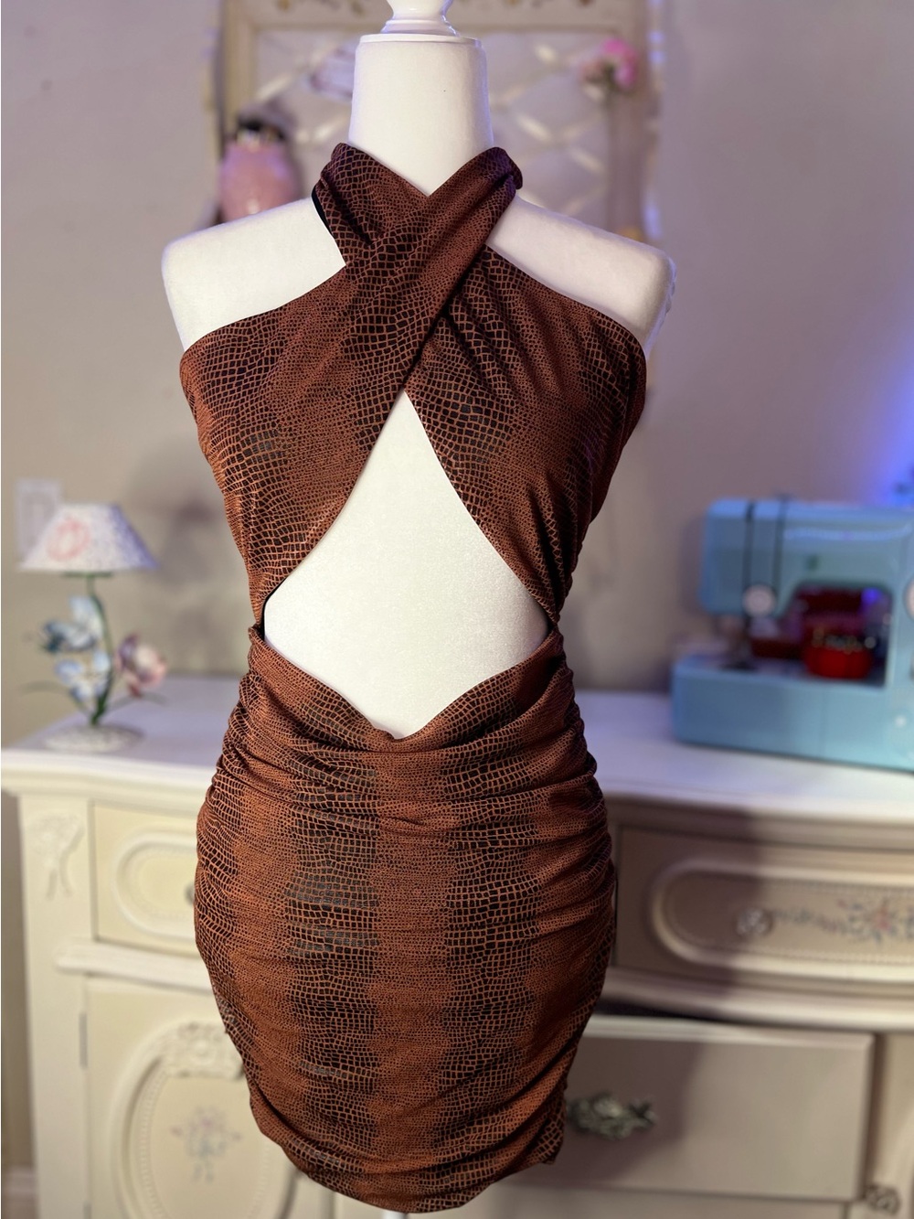 Windsor Brown Croc-Texture Cutout Mini Dress